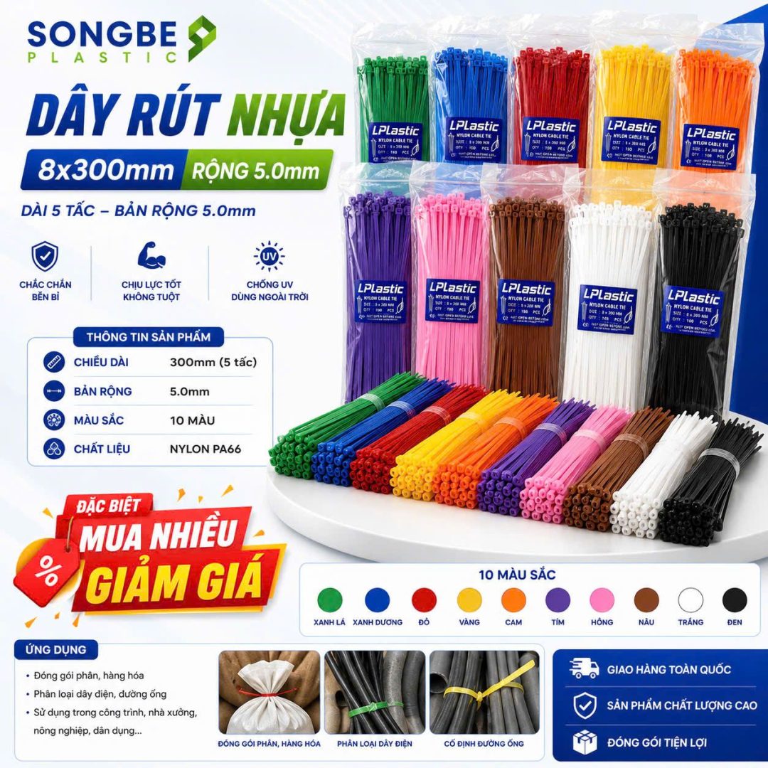 Dây rút nhựa màu Sông Bé Plastic, 8x300mm đủ màu